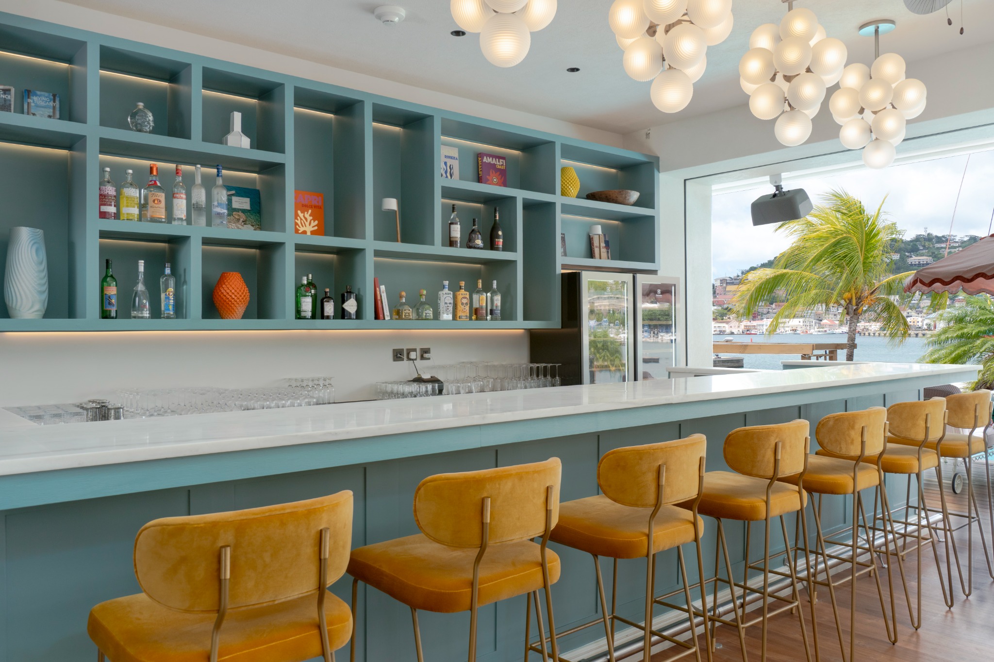 Hotel bar counter with warm lighting